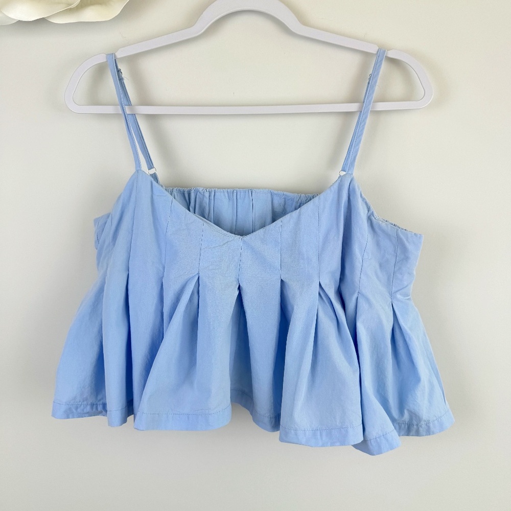 LOVE RICHE Baby Doll Blue Pleated Crop Top With Straps / Size Large